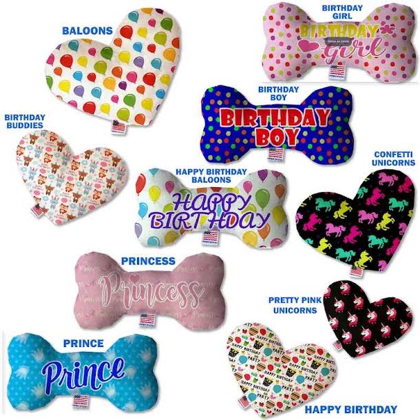 Pet and Dog Plush Floppy Stuffing Free Heart or Bone Toy, "Birthday Group"